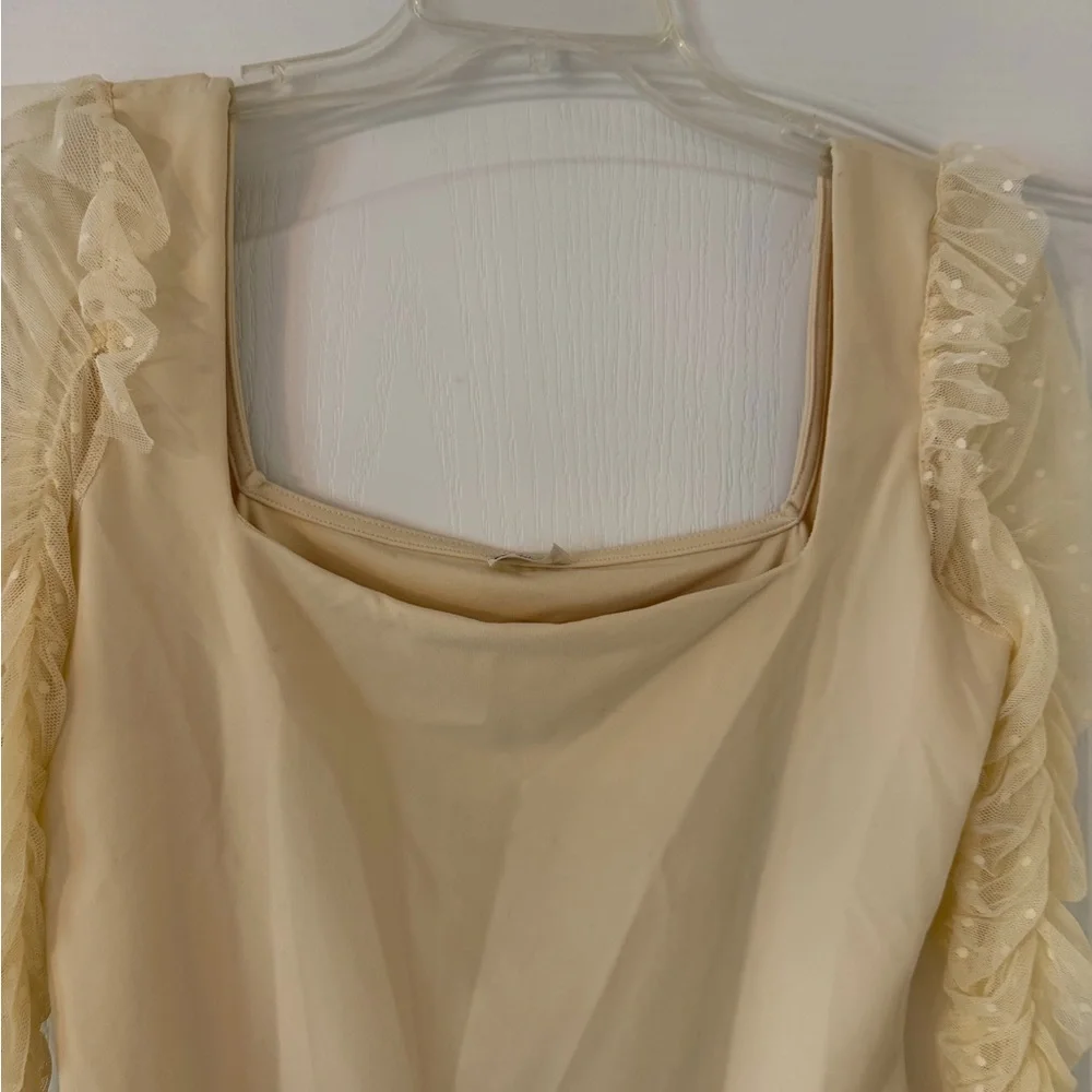 Free People Must Be Love Bodysuit Mesh Ruched Sleeve Square Neck in Ivory L